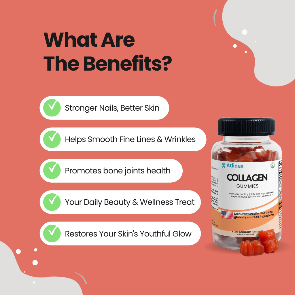 Collagen gummies bottle with benefits listed on a red background