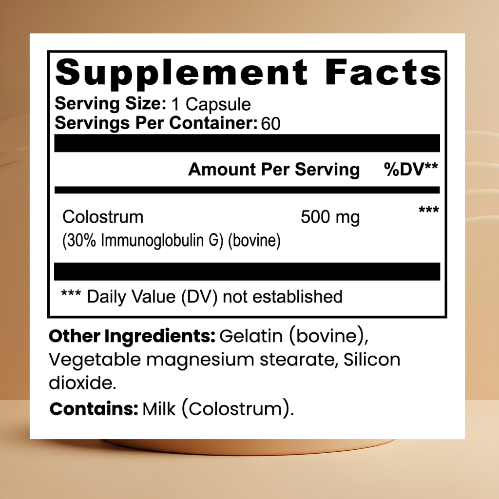 Atlinex Colostrum Supplement facts label on a beige background