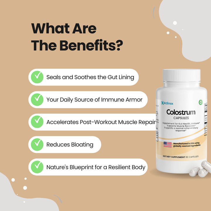 Atlinex Colostrum supplement bottle with benefits listed on a beige background