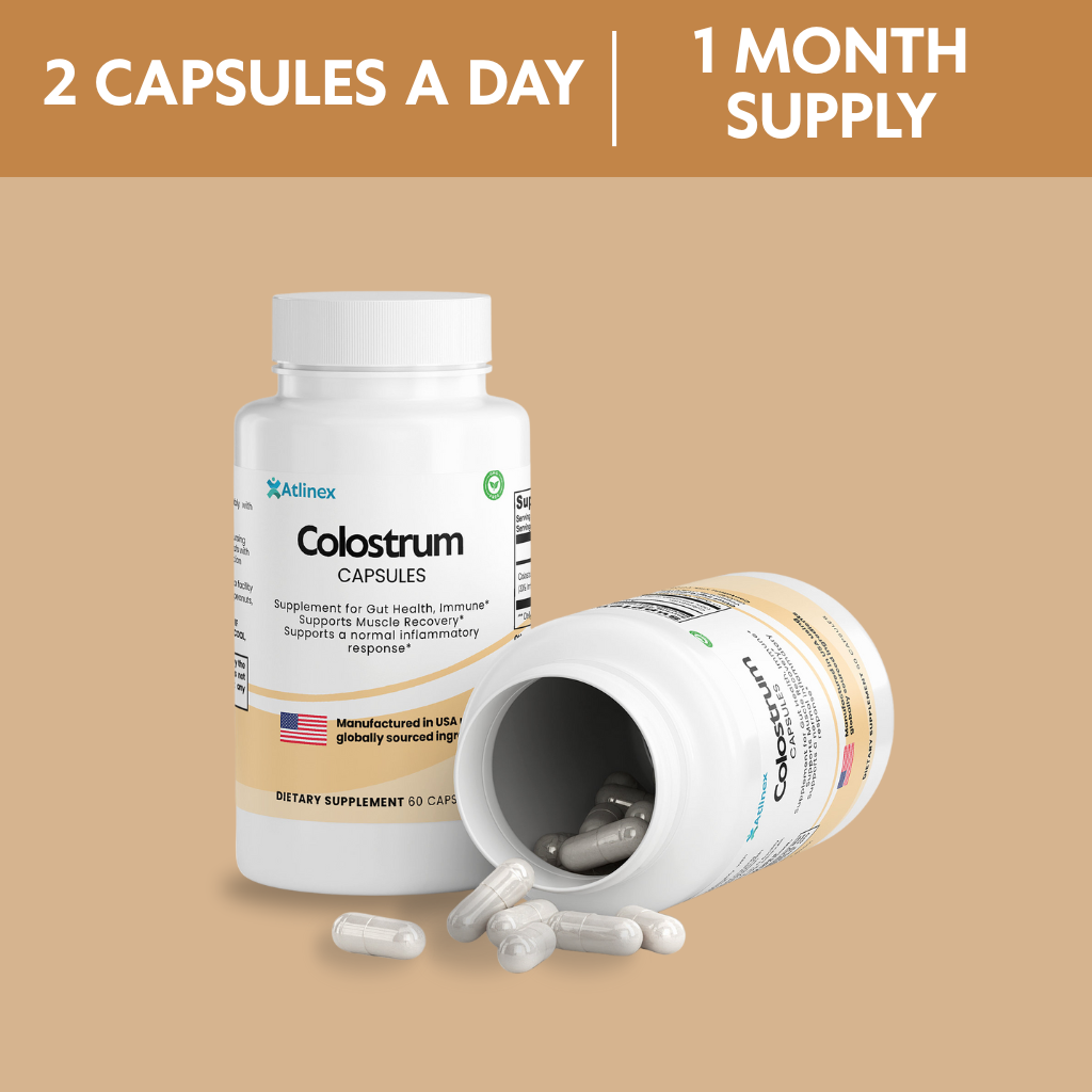 Atlinex Colostrum capsules with a bottle and open lid on a beige background