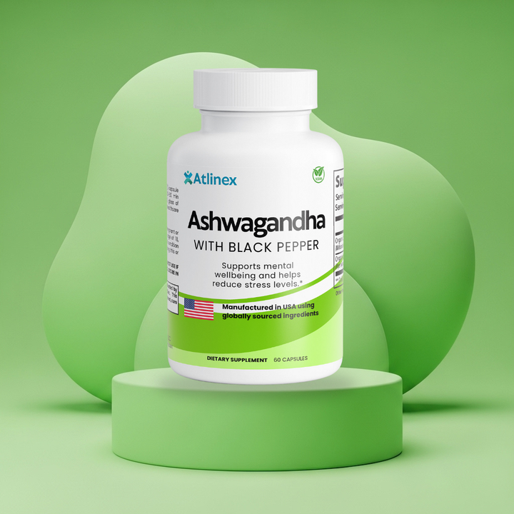 Atlinex Ashwagandha with Black Pepper supplement bottle on a green platform with a green background