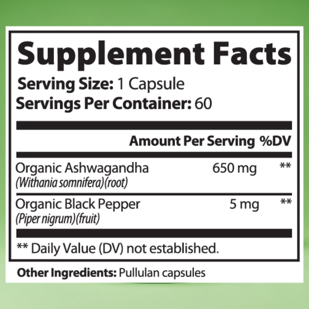 Supplement facts label with organic Ashwagandha and Black Pepper on a green background