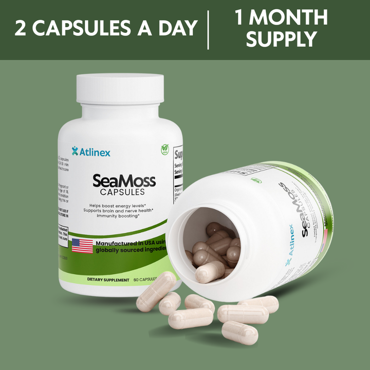 Atlinex SeaMoss Capsules bottle with open cap showing contents on a green background
