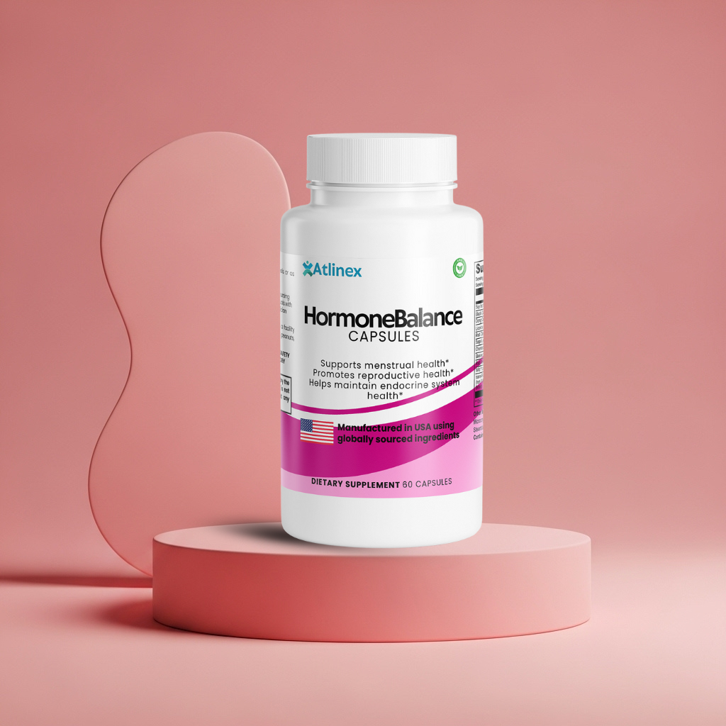 HormoneBalance capsules bottle on a pink platform with a pink background
