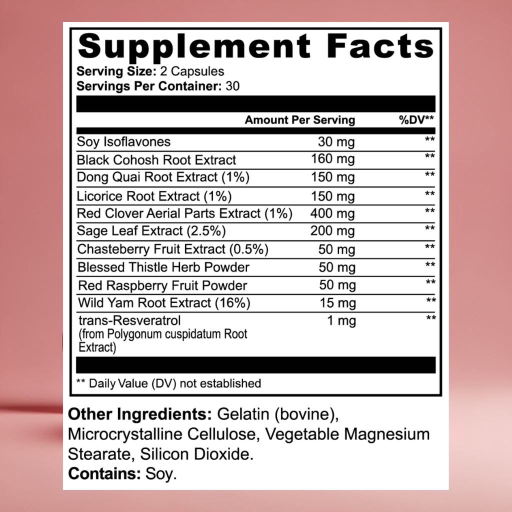 Supplement facts label with detailed ingredient list on a pink background