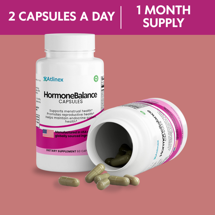 HormoneBalance capsules bottle with open cap showing pills on a pink background