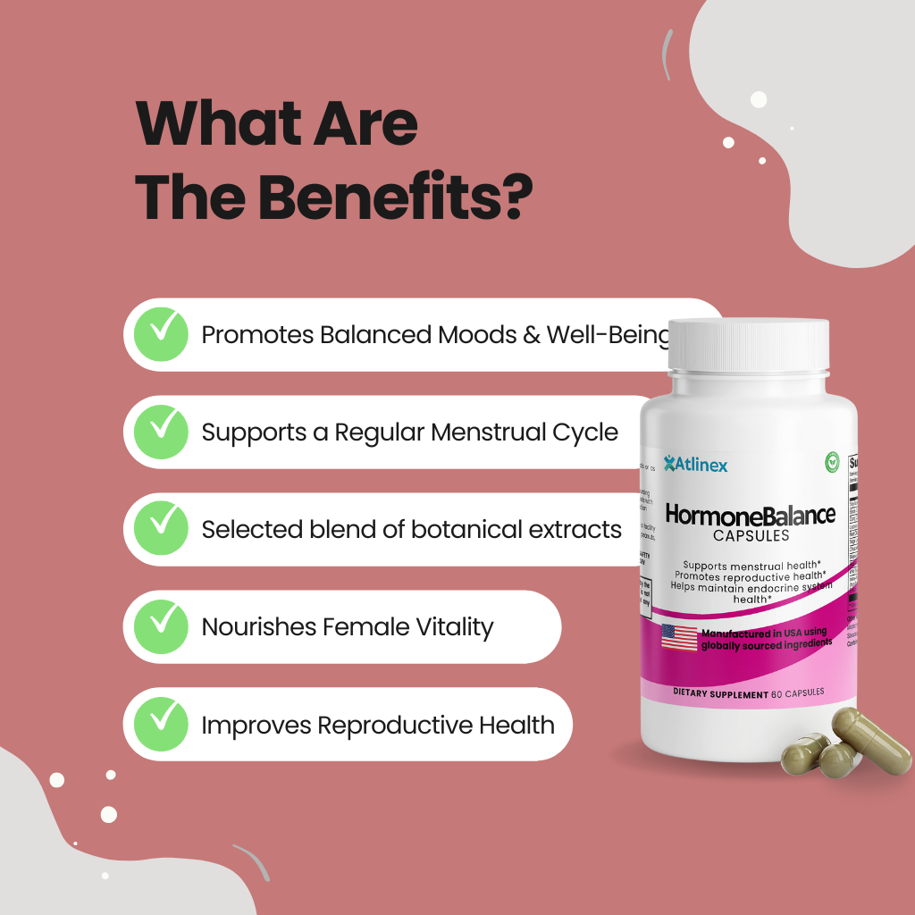 Supplement bottle labeled 'Hormone Balance' with benefits listed on a pink background