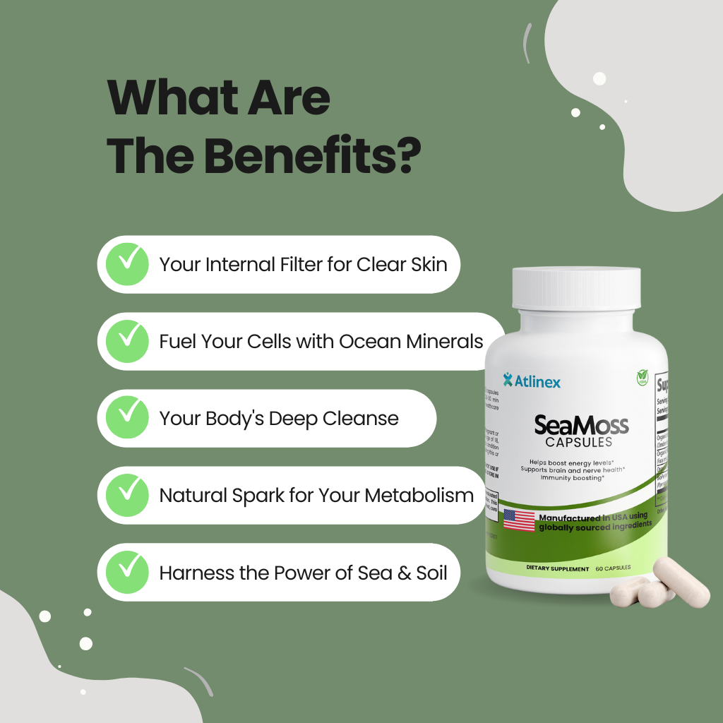 Atlinex SeaMoss capsules with benefits listed on a green background