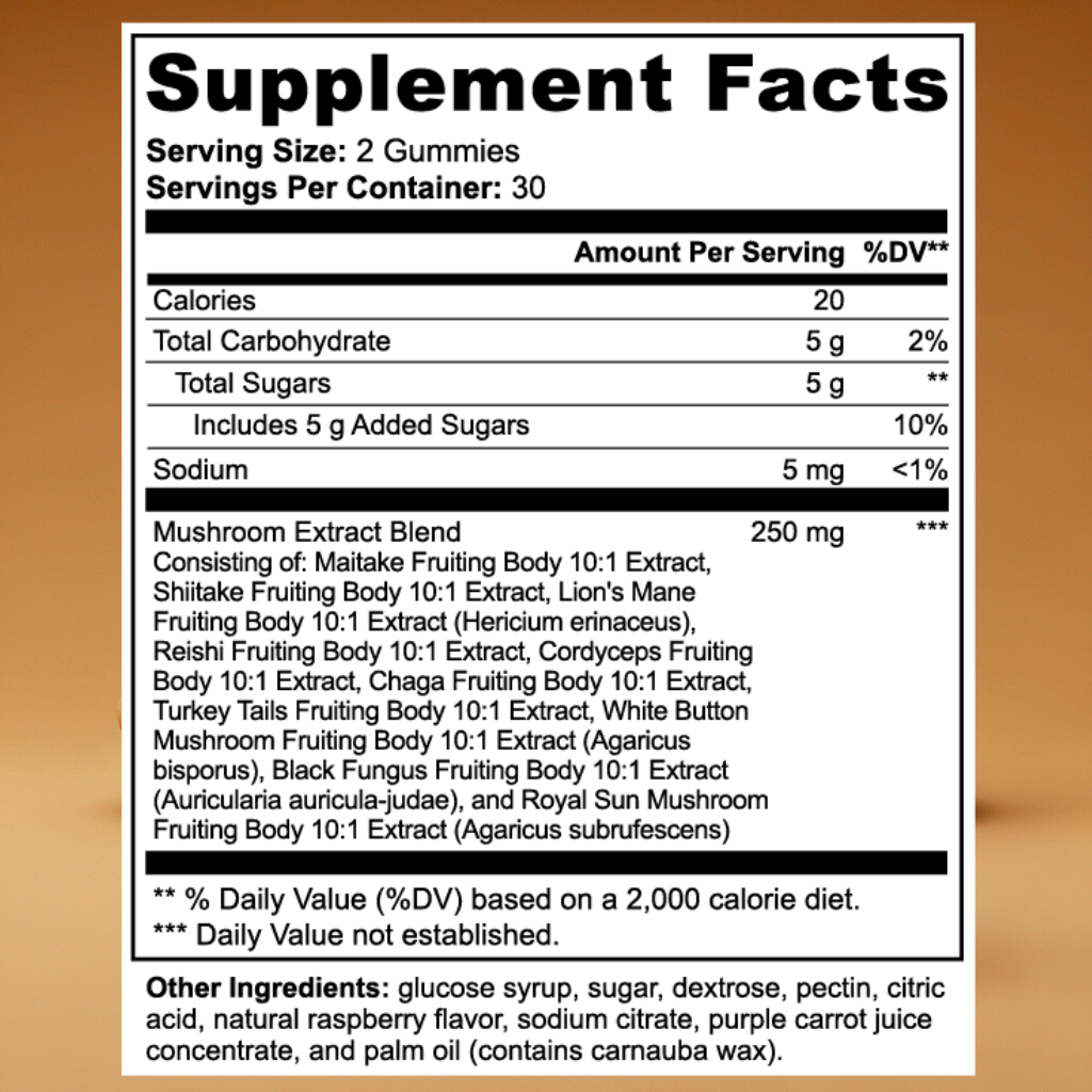 Supplement facts label for Atlinex Mushroom gummy vitamins with a brown background