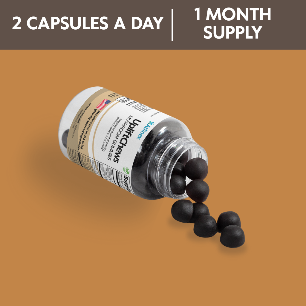 Atlinex Uplift Chews Supplement bottle with capsules spilling out on a brown background, labeled '2 Capsules a Day | 1 Month Supply'.