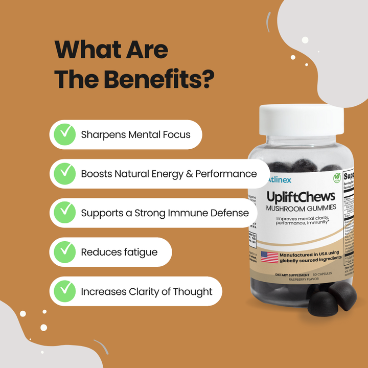 Atlinex UpliftChews mushroom gummies bottle with benefits listed on a brown background