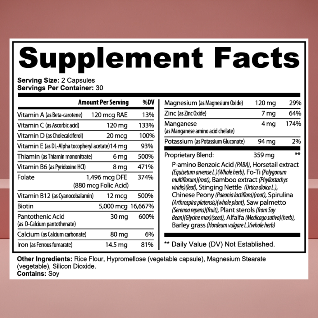 Atlinex Hair Skin & Nails Supplement facts label with detailed nutritional information on a pink background
