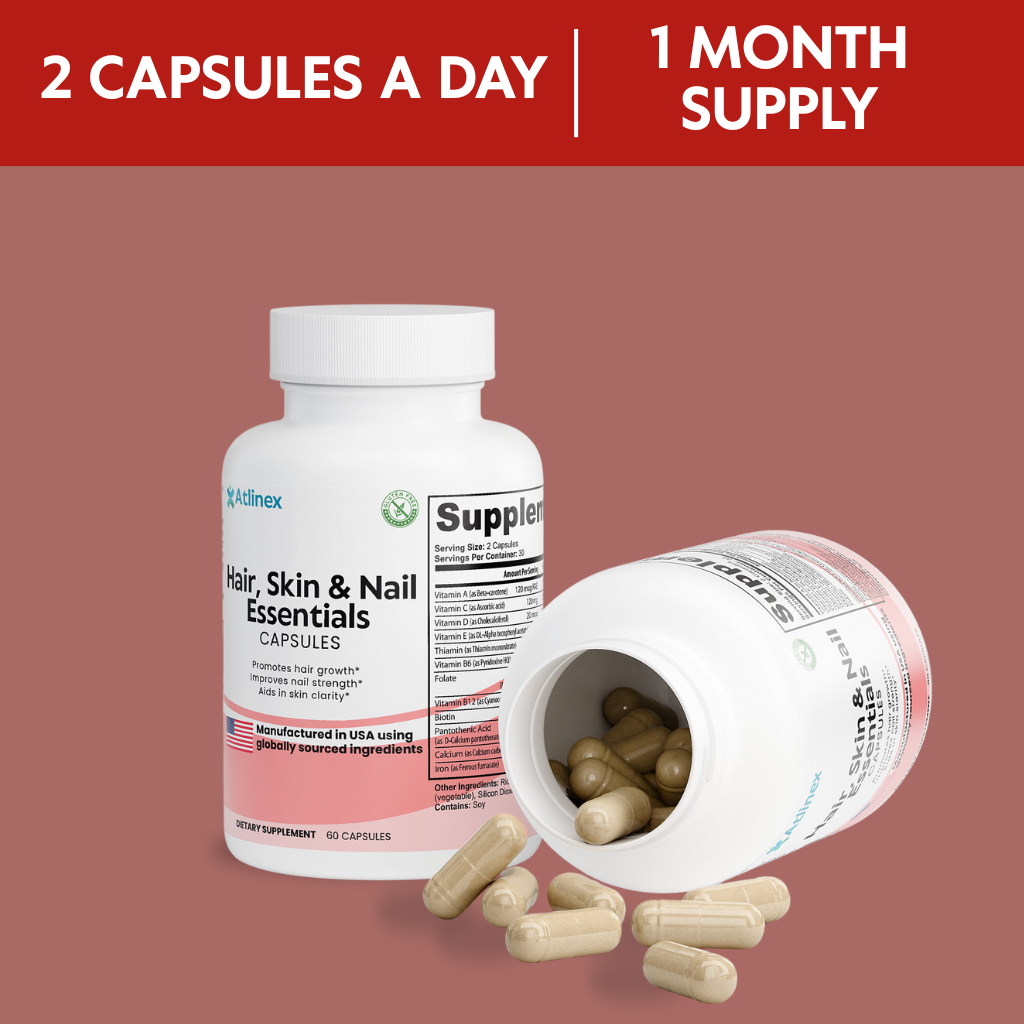 Supplement bottle labeled Atlinex 'Hair, Skin & Nail Essentials' with pills on a red background
