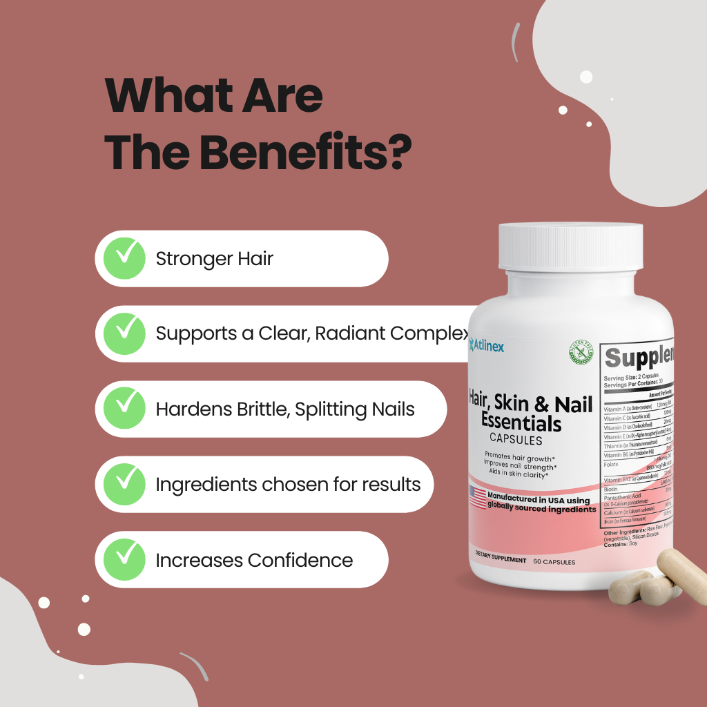 Atlinex Hair, Skin & Nails Supplement bottle with benefits listed on a brown background