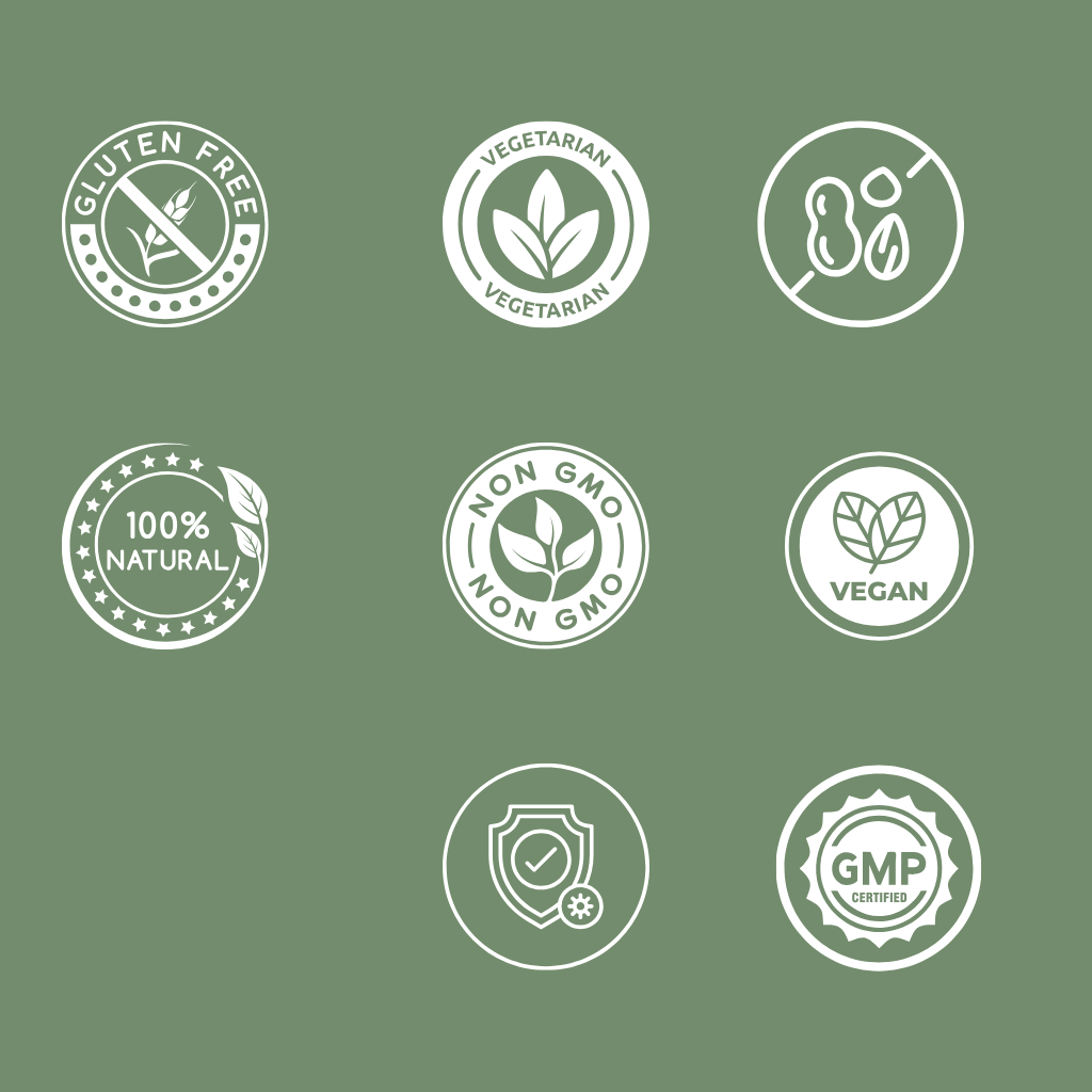 Collection of dietary and certification icons on a green background for Atlinex SeaMoss Capsule