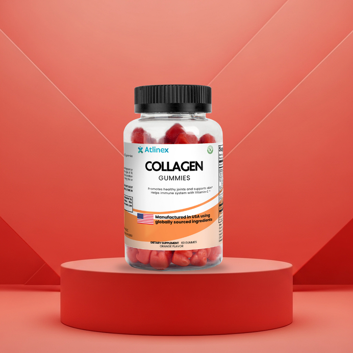Bottle of Atlinex Collagen Gummies on a red platform with a red background