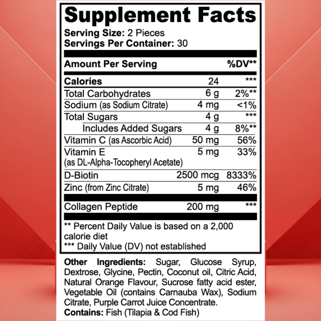Supplement facts label with detailed nutritional information on a red background