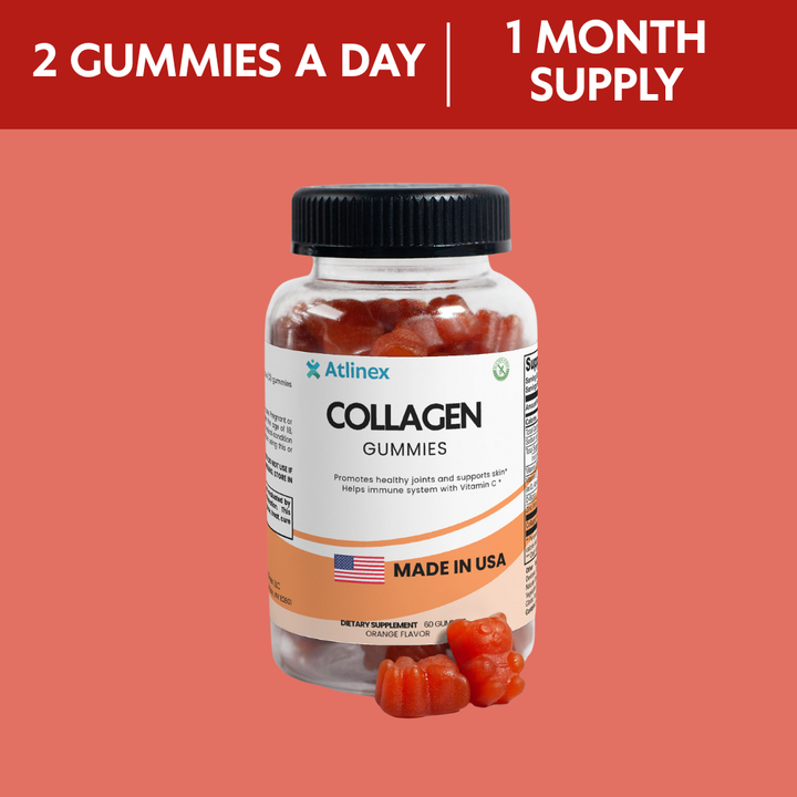 Bottle of Atlinex Collagen Gummies with text about daily intake and supply on a red background